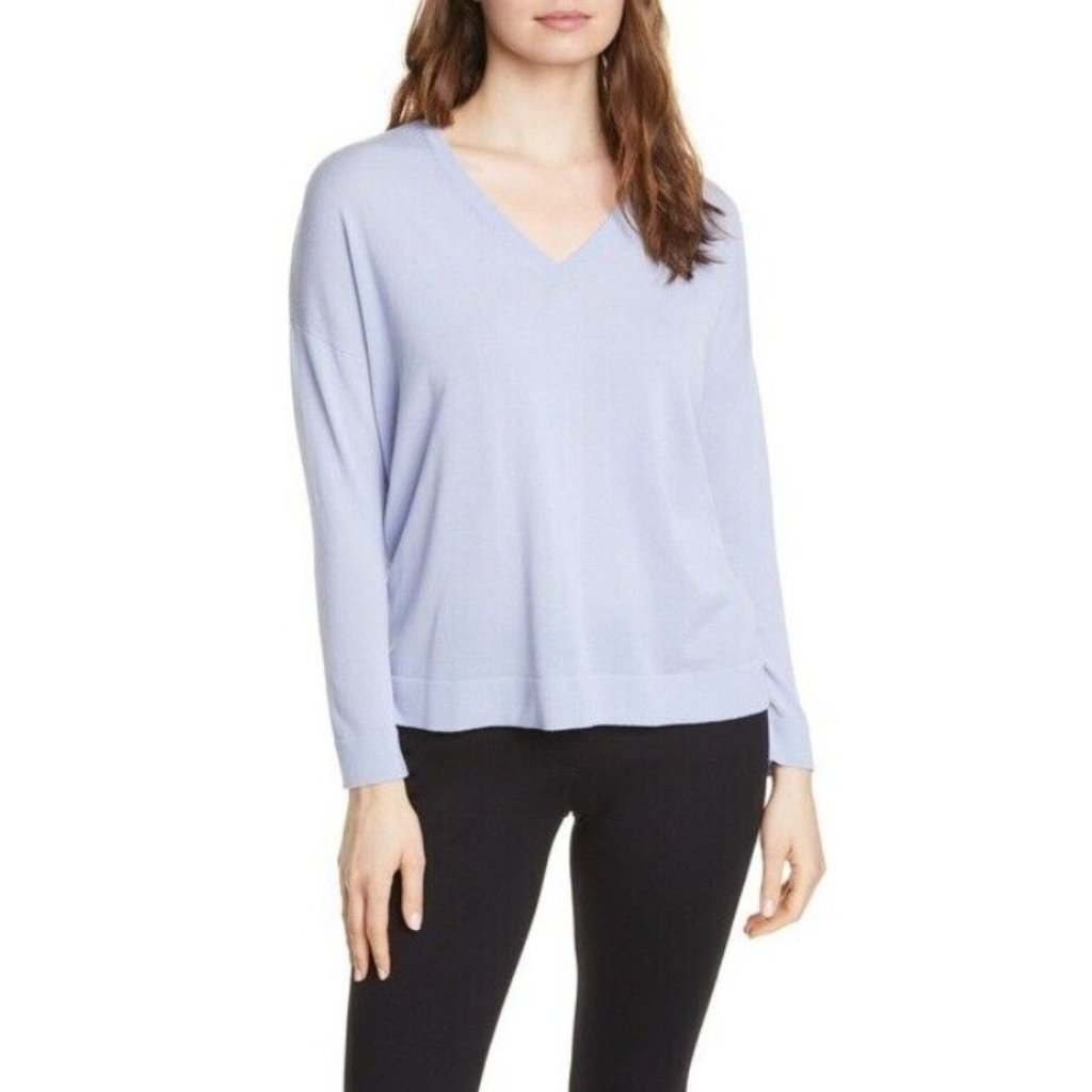 Eileen Fisher Blue V Neck Long Sleeve Tencel Sweater Sz M New $228
